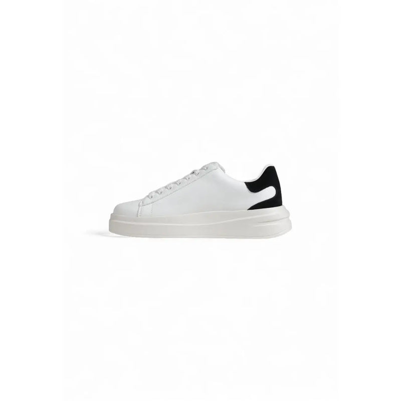 Guess women black faux leather sporty sneakers with white low-top design and black suede heel tab