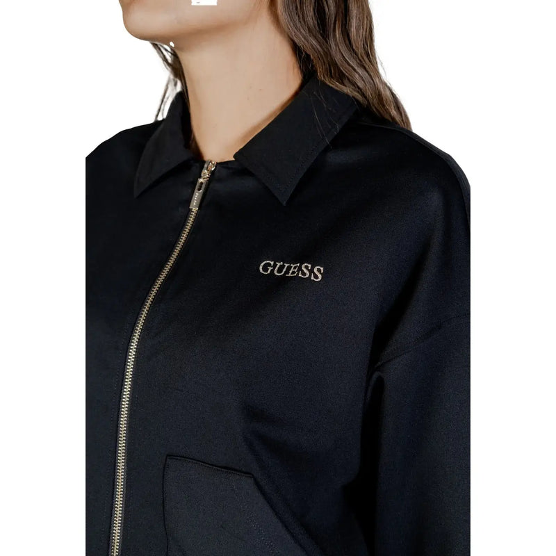 Black guess women full zip sweatshirt made of polyamide with gold-tone zipper and embroidered logo on the front