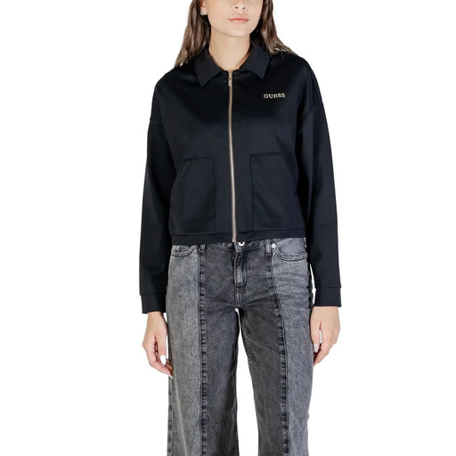Guess Sweat-shirt noir à fermeture éclair intégrale pour femme en polyamide avec fermeture éclair dorée et poches avant, idéal pour une tenue décontractée.