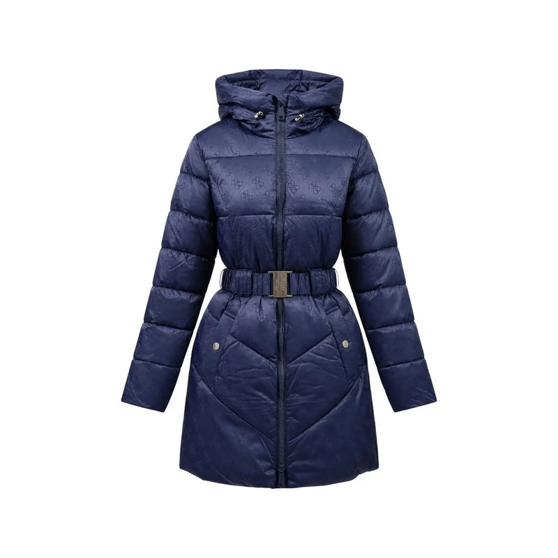 Guess Veste d'hiver pour femme en polyamide noir à capuche, ornée d'un matelassage bleu marine et d'une boucle de ceinture métallique.