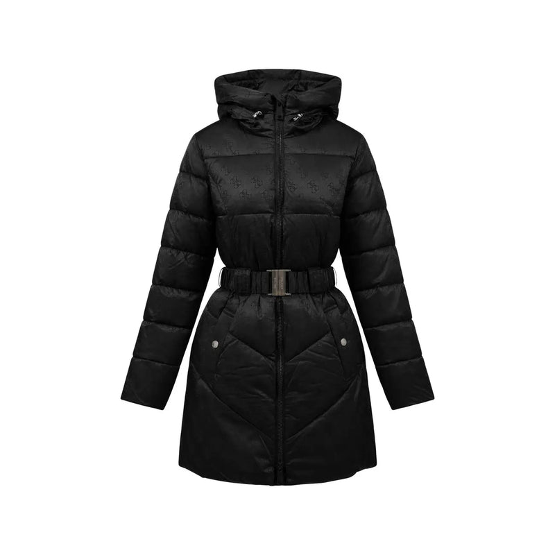 Guess Veste matelassée noire à capuche pour femme en polyamide, avec boucle de ceinture argentée et logo discret.