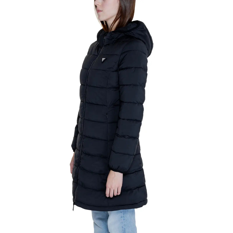 Guess Doudoune noire matelassée pour femme, avec capuche et fermeture éclair sur le devant, en polyester, idéale pour l'hiver