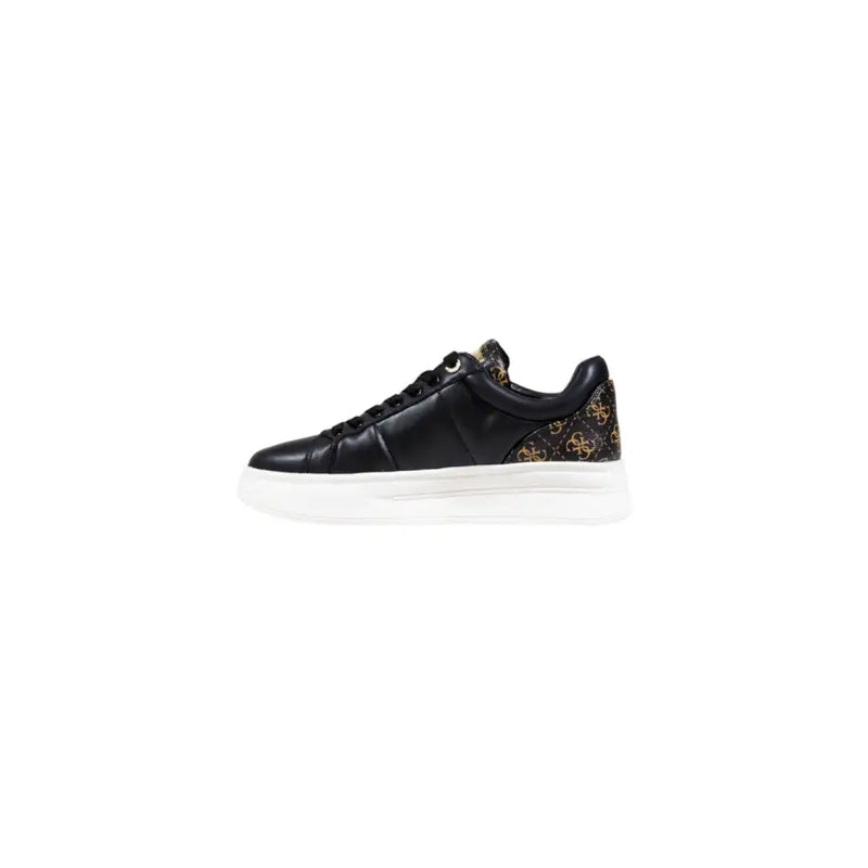 Guess women black leather low-top sneakers with gold-toned logo on heel and tongue and white rubber sole