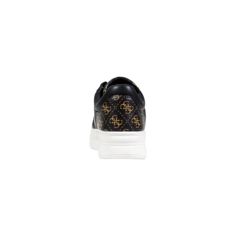 Guess women black lace sneaker with gold logo pattern and white rubber sole from fall winter collection