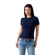 Navy blue Guess women short sleeve mini logo t shirt made of modal lycra with subtle gold embroidery on left chest