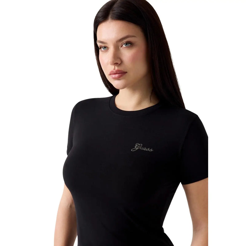 Guess women black modal lycra short sleeve t shirt with subtle rhinestone embellished bianca logo on chest