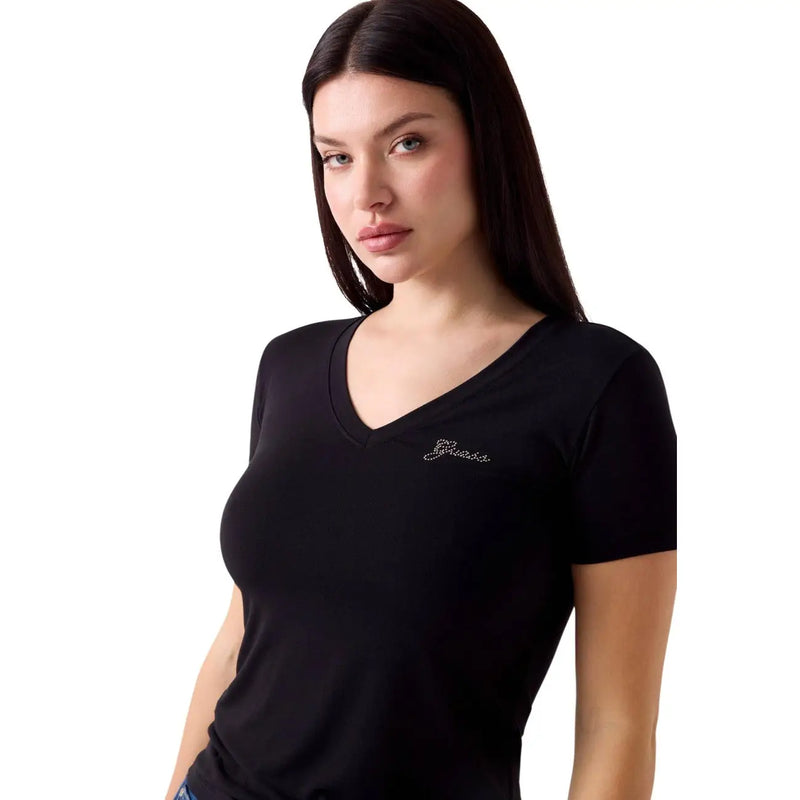 Guess women black modal lycra short sleeve v neck t shirt with sparkling guess logo embroidered on the left chest