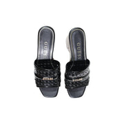 Black guess women platform slippers with glossy polyurethane block heel and embossed logo mule sandal straps