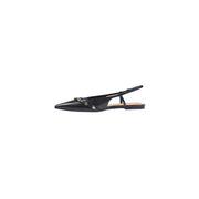 Guess women black leather slingback flat shoes with pointed toe and metallic embellishments across the vamp