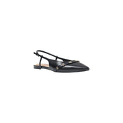 Guess women black pointed slip on shoes made of synthetic leather with slingback flat design and metallic embellishments