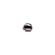 Guess women black synthetic pointed slip on shoes featuring black patent leather flat sandals with thin ankle straps and decorative stitching