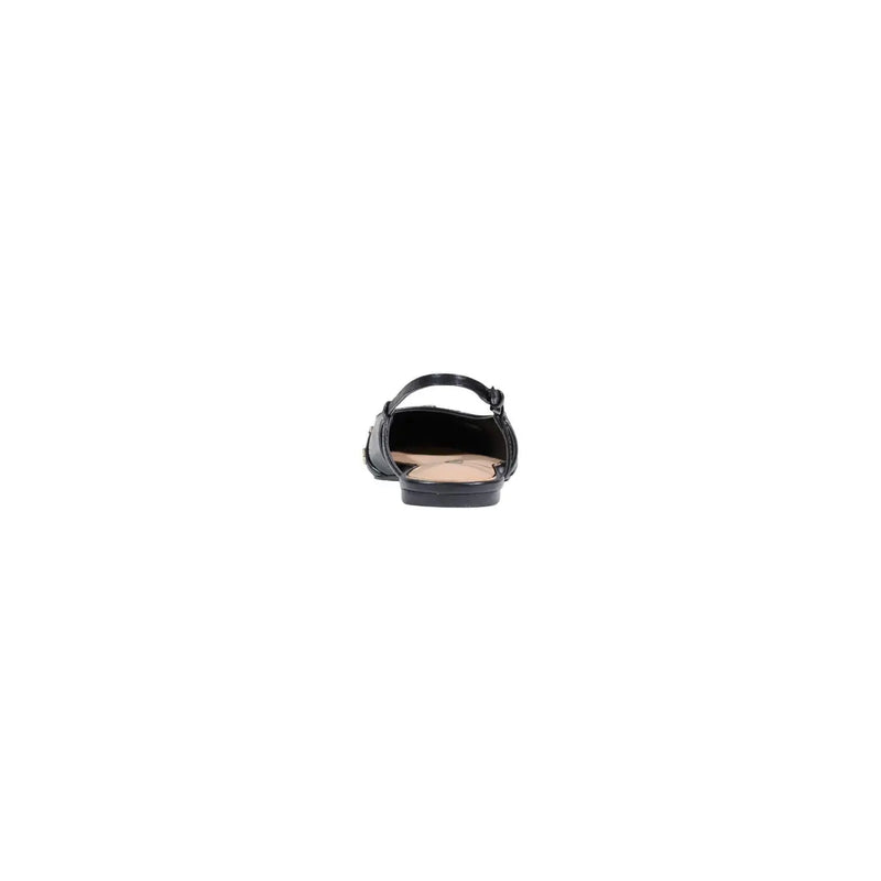 Guess women black synthetic pointed slip on shoes featuring black patent leather flat sandals with thin ankle straps and decorative stitching