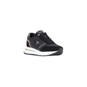 Guess women black polyester sneakers with gold accents and white midsole for sporty casual wear