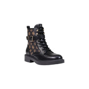 Guess women black polyurethane ankle boot featuring gold-toned logo pattern and buckle strap on the side