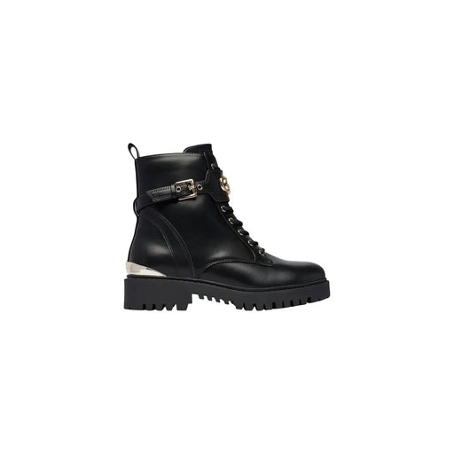 Guess Bottines noires à lacets en polyuréthane pour femmes, avec talon métallisé argenté et boucle dorée.