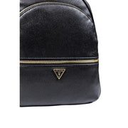 Guess women black textured polyurethane rucksack backpack with multiple pockets and gold-tone zipper triangle logo