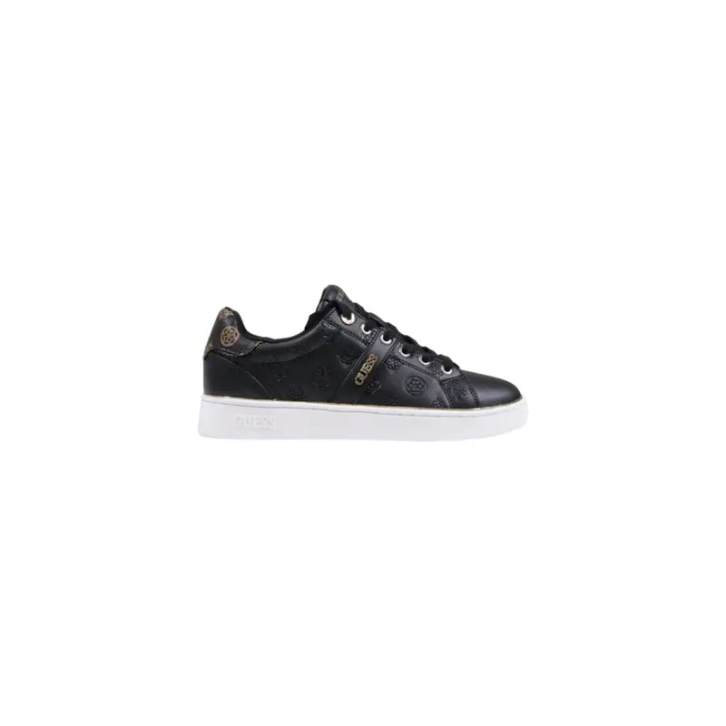 Guess Women Black Print Slip-On Sneakers with Glossy Finish and Gold Logo