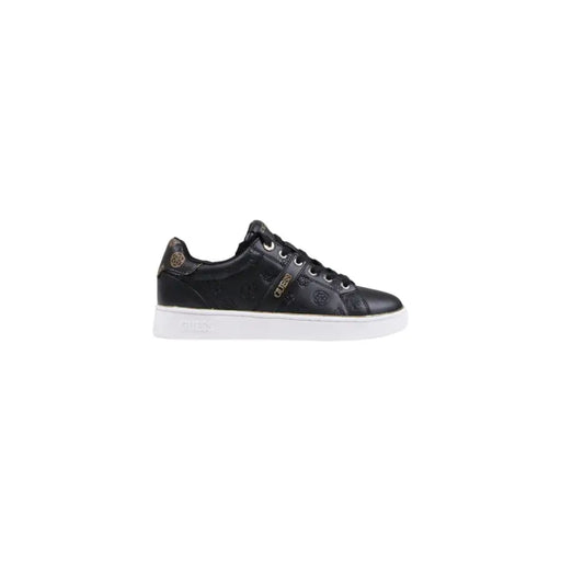 Guess Women Black Print Slip-On Sneakers with Glossy Finish and Gold Logo