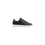 Guess women black print slip on sneakers in polyurethane with glossy finish and subtle gold logo detailing on side heel and tongue