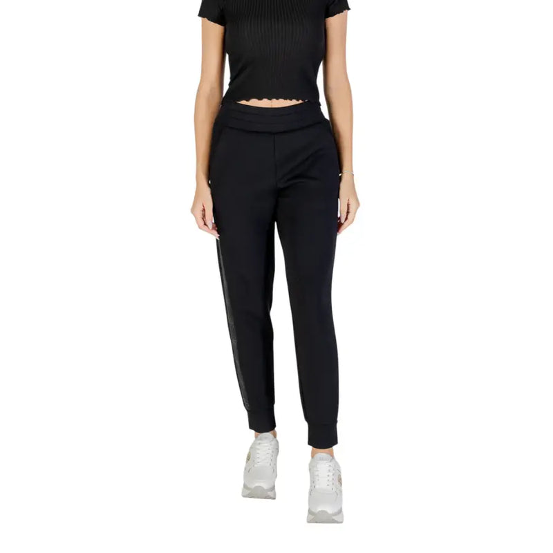 Guess Women black ribbed knit joggers with high-waisted elastic waistband