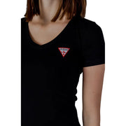 Guess black V-neck short-sleeved cotton T-shirt with logo patch