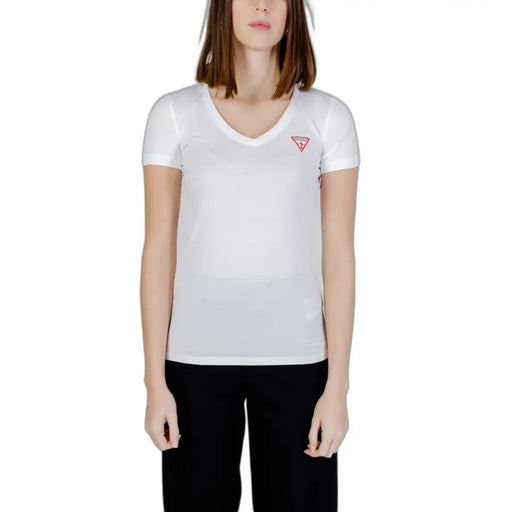 Guess white V-neck short-sleeve T-shirt with pink logo on chest