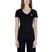 Guess Women black V-neck short-sleeve cotton T-shirt with pink logo