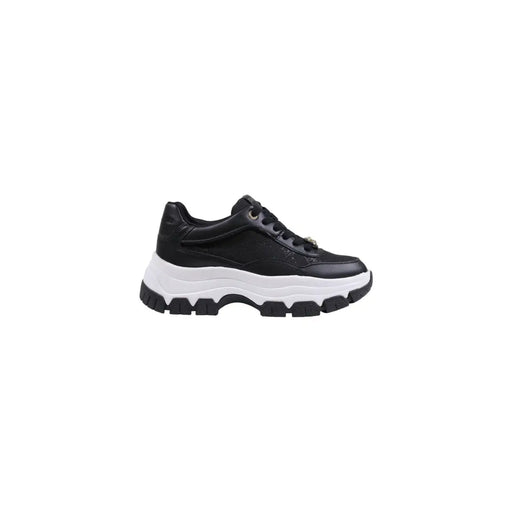 Guess women black leather sneakers with thick white and black rubber sole and synthetic lace up design