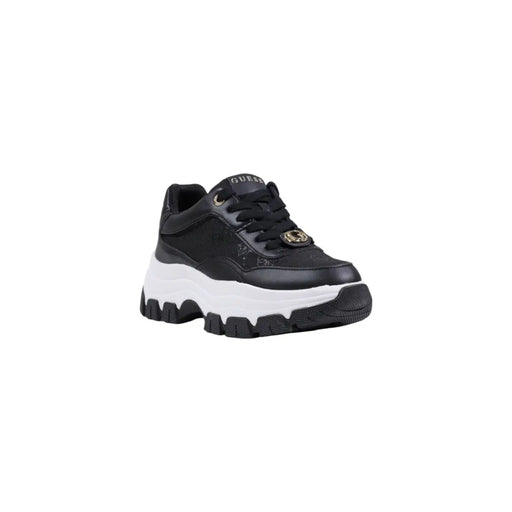 Noir Guess Baskets montantes pour femmes, en matière synthétique, à lacets, avec semelle en caoutchouc blanc et œillets dorés.