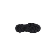 Black rubber sole with geometric tread pattern and subtle logo on guess women black synthetic lace up sneakers back side