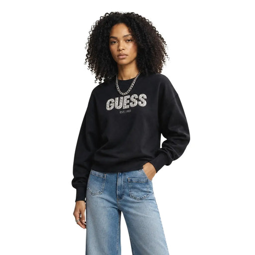 Guess Sweat-shirt noir pour femme avec logo argenté scintillant, confectionné dans un mélange de viscose pour une tenue décontractée.