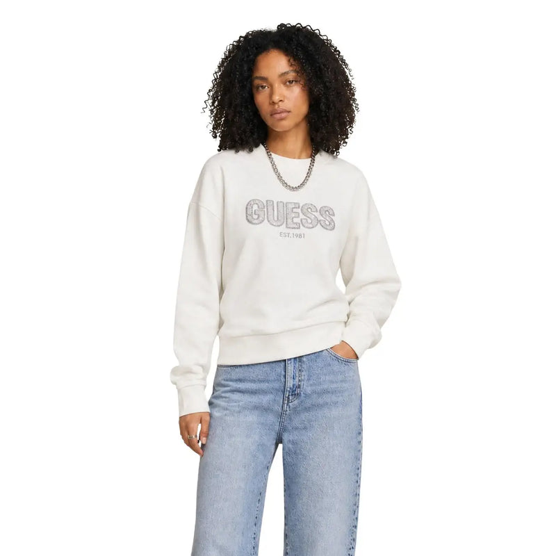 couleur crème Guess Sweat-shirt pour femme avec logo à paillettes argentées et détail est en mélange de viscose