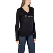 Noir Guess Pull en maille à col V pour femme, en viscose, orné d'un lettrage en strass scintillants sur la poitrine