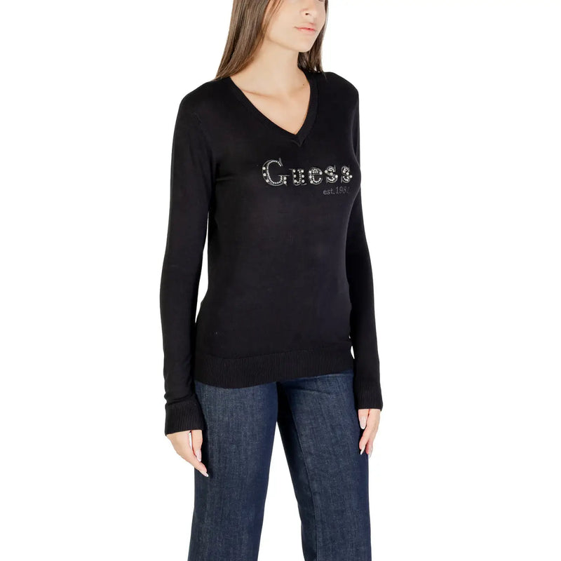 Noir Guess Pull en maille à col V pour femme, en viscose, orné d'un lettrage en strass scintillants sur la poitrine
