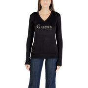 Guess Pull en maille noire à col en V pour femme, orné de strass scintillants et de poignets côtelés, en viscose.