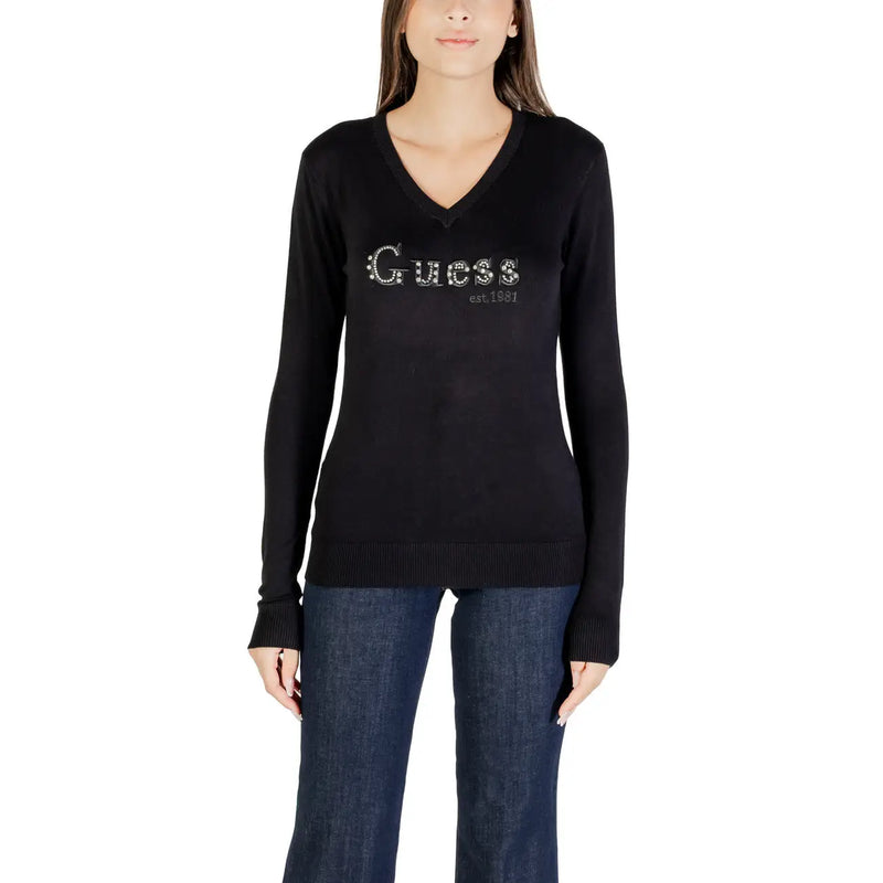 Guess Pull en maille noire à col en V pour femme, orné de strass scintillants et de poignets côtelés, en viscose.