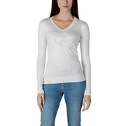 Pull Gucci blanc à col V et manches longues en maille, orné d'un logo brodé discret, pour femme. Guess produit tricoté en strass noir