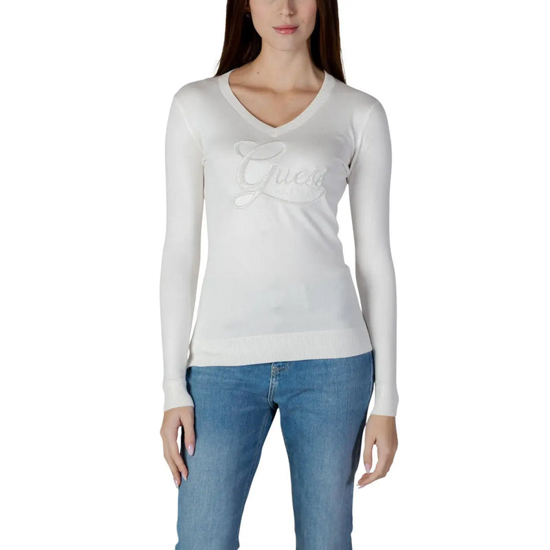 Pull Gucci blanc à col V et manches longues en maille, orné d'un logo brodé discret, pour femme. Guess produit tricoté en strass noir