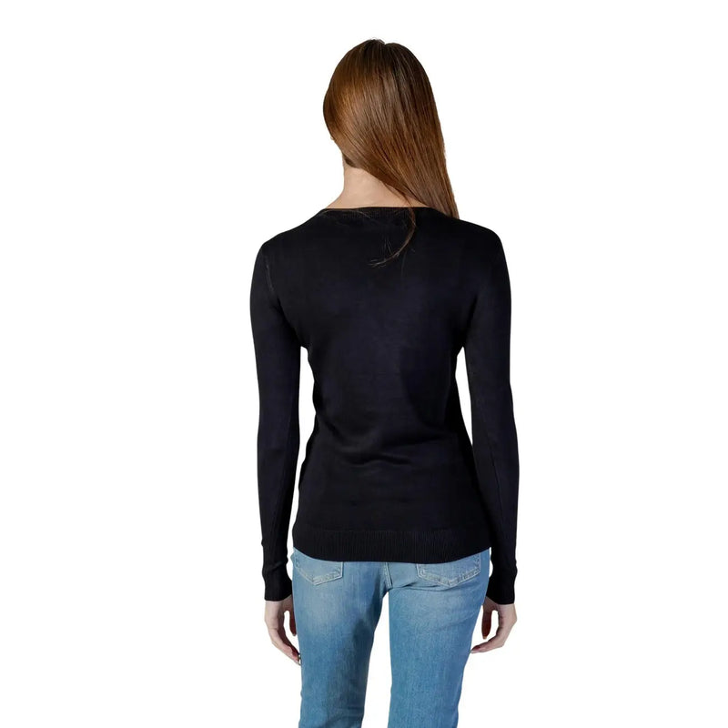Guess Pull en maille noire à col en V pour femme, orné de strass, avec manches longues et ourlet côtelé.