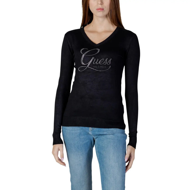 Guess Pull en maille noire à col en V pour femme, orné de strass et d'un logo argenté sur le devant.