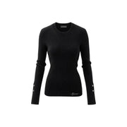 Guess Pull en maille côtelée noire en viscose pour femme, avec poignets à boutons argentés et logo brodé discret sur le devant
