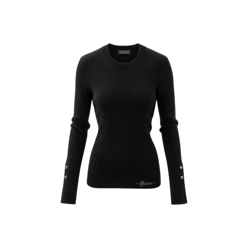 Guess Pull en maille côtelée noire en viscose pour femme, avec poignets à boutons argentés et logo brodé discret sur le devant