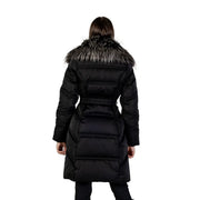 Guess Doudoune longue d'hiver noire zippée pour femme, en mélange de coton, avec un col en fourrure multicolore et un col en fausse fourrure douce.