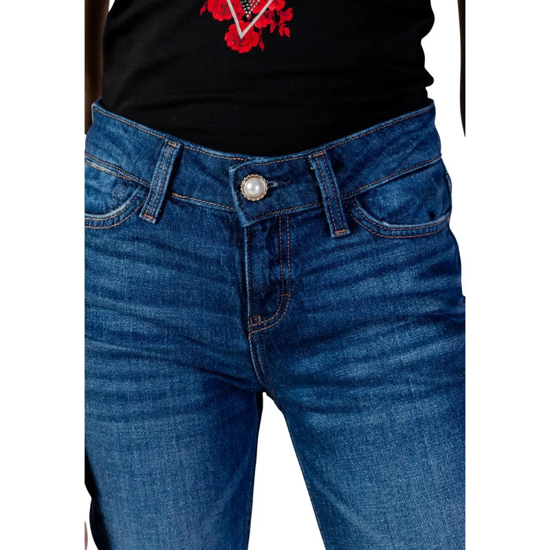 Guess Jean cigarette bleu pour femme en denim mélangé de coton avec fermeture à boutons nacrés sur le devant