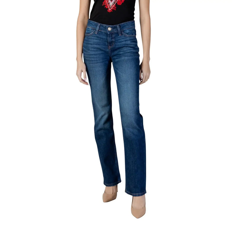 Guess Jean cigarette bleu marine pour femme, coupe droite classique, surpiqûres apparentes, mélange de coton.