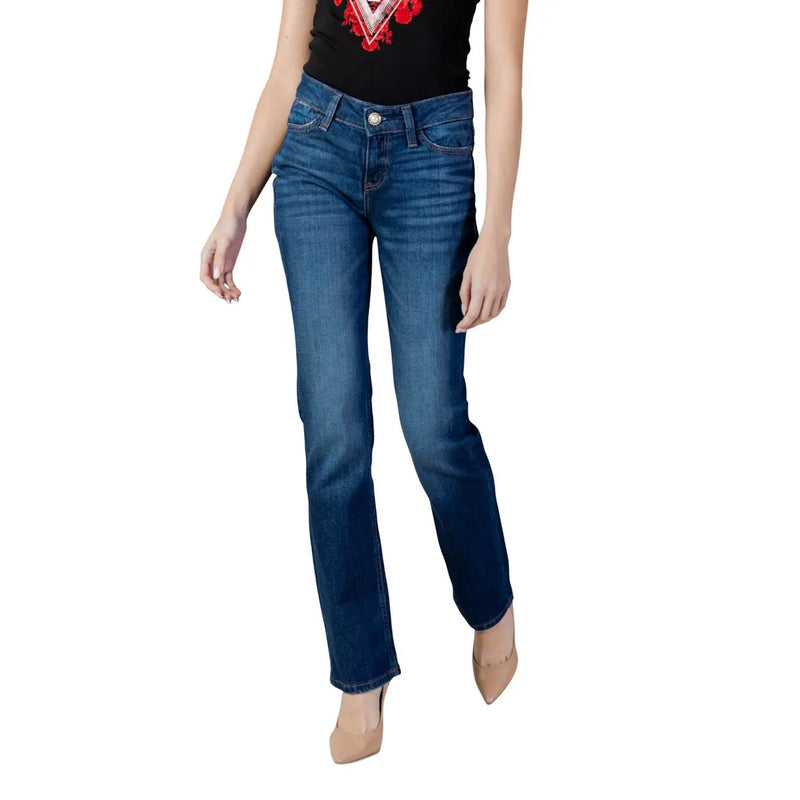 Guess Jean cigarette bleu pour femme, en denim mélangé de coton bleu délavé moyen, coupe droite classique, coutures apparentes