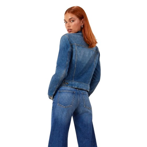 Guess Blazer en coton bleu pour femme, veste Ivy en denim bleu avec surpiqûres classiques et délavage légèrement délavé visible sur le devant