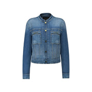Guess women blue cotton blazer ivy jacket featuring medium-wash denim, stand-up collar, button closure, and gold hardware
