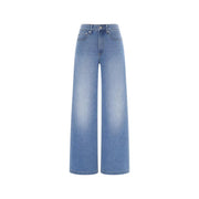 Guess Jean Bellagio bleu clair en mélange de coton pour femme, pantalon large en denim délavé clair, taille haute et coupe classique à cinq poches.