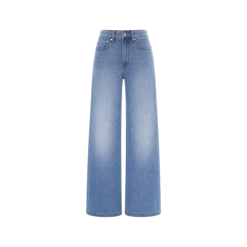 Guess Jean Bellagio bleu clair en mélange de coton pour femme, pantalon large en denim délavé clair, taille haute et coupe classique à cinq poches.